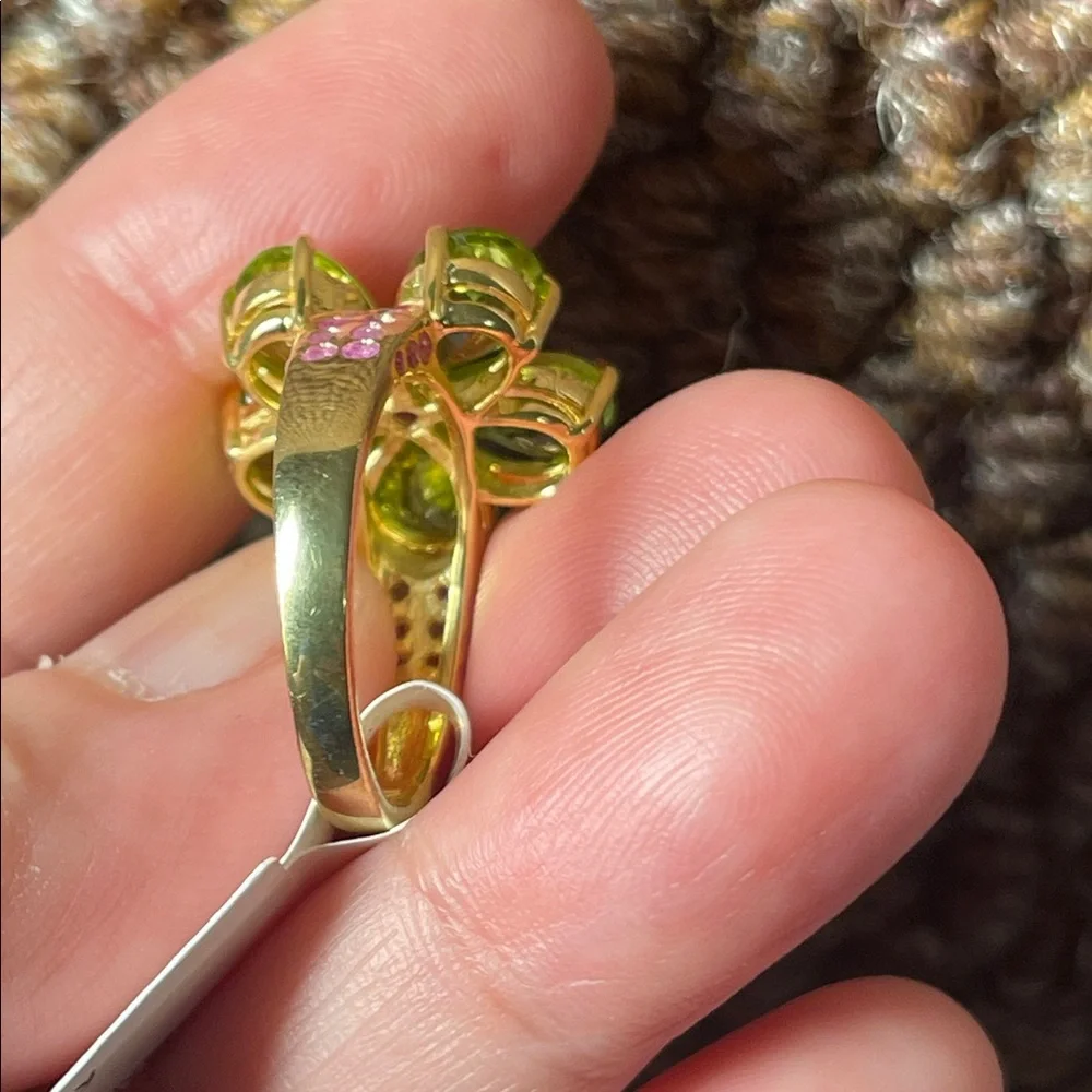 Fairycore Green Peridot Flower Ring with Pink Center - Women Jewelry